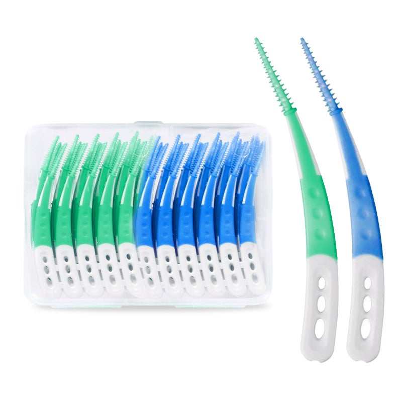 SAIIURV 84 Pcs Blue Green Interdental Brushes for Oral Cleaning, Curved Shape Dental Floss Sticks Tooth Gap Brush with Storage Case, Narrow Gaps Between Teeth Efficient Clean Toothpicks Tooth Cleaner